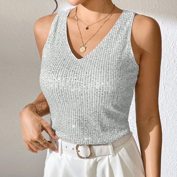 Silver Casual Women's Sequin V-Neck Tank Top - Picture 4 of 9